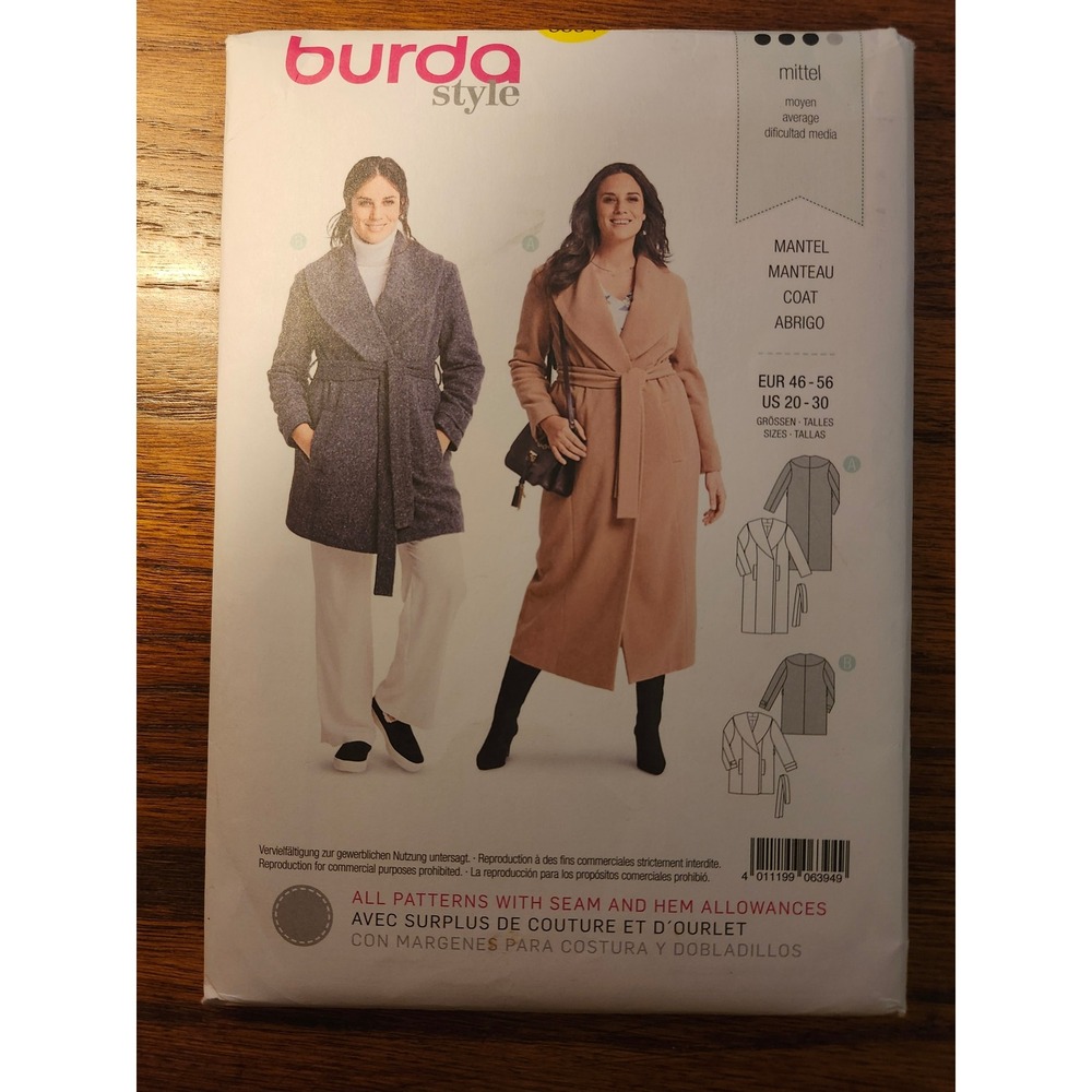 Burda Style 6394 Sewing Pattern Misses Plus Size Wrap Coat Shawl Collar 20-30